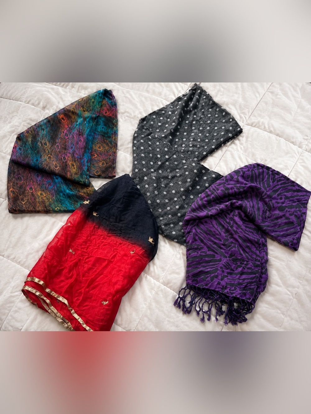 4 Scarf Bundle | Colorful, Polka Dot, Purple Zebra & Red Blue Statement Scarves